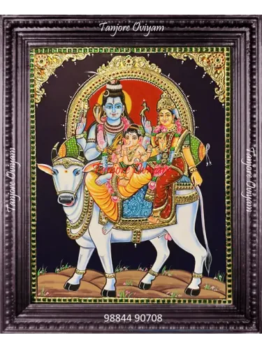 Pradhosha Shivan Tanjore painting Shiva on Nandi with Parvati Ganesha gold foil traditional artwork